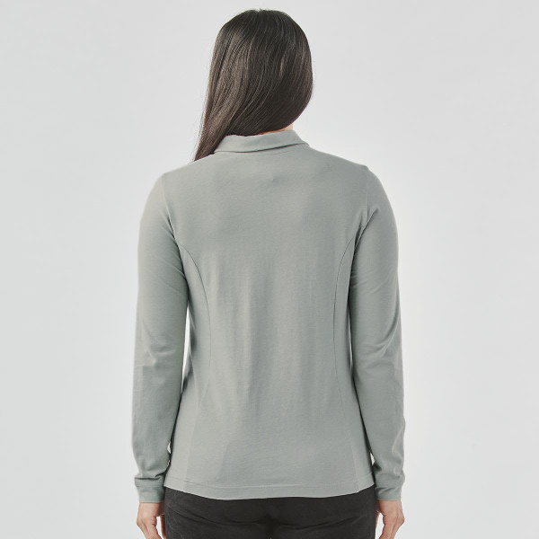 A grey long-sleeve polo shirt for women, featuring a classic collar and a fitted design. Includes a logo.