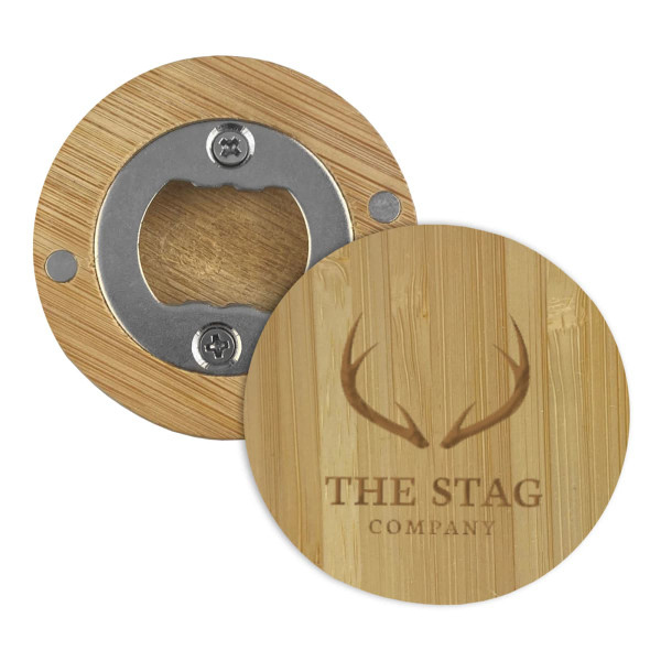 A drink bottle opener made of bamboo, featuring a circular design and a metal cap remover, with a logo.