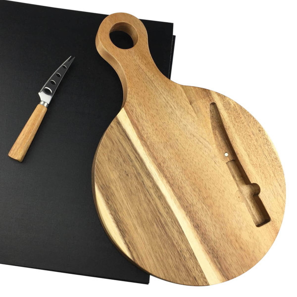 A wooden cheese board featuring a smooth finish and handle, accompanied by a stainless steel knife.
