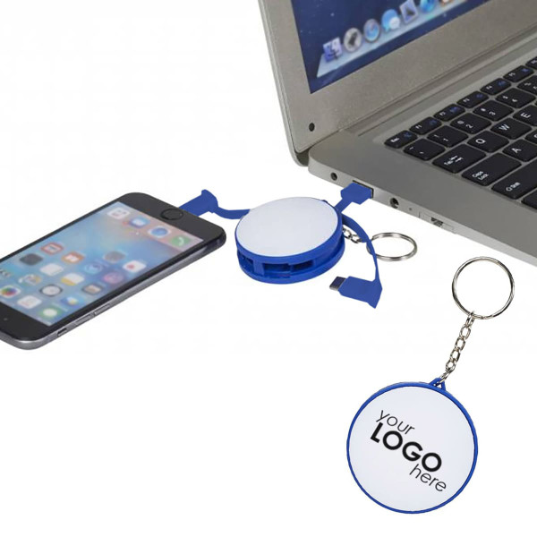 A blue charging cable key ring connected to a phone and laptop, featuring a circular area for branding.