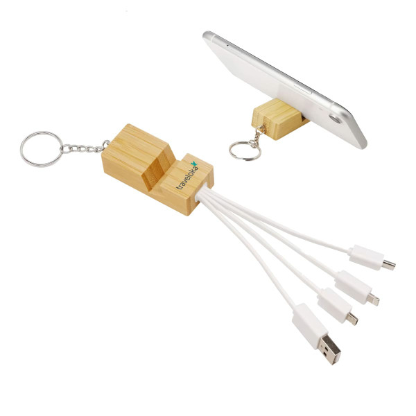 A bamboo phone stand featuring a key ring and multiple charging cables in white, with a logo on the stand.