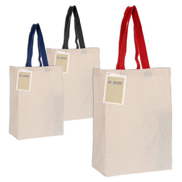 A set of three calico trade show bags in natural colour, featuring red, navy, and black straps. Each bag has a logo.