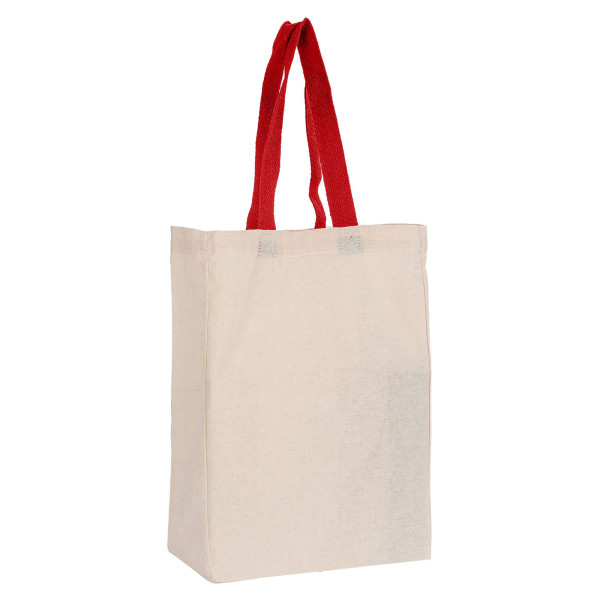 A calico trade show bag in natural colour with red handles, featuring a simple design and no visible branding.