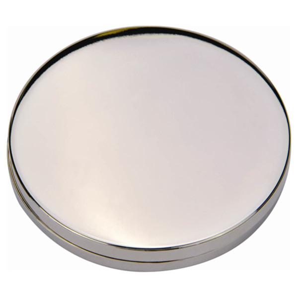 A compact mirror with a sleek, shiny silver surface and a round shape. It features a simple design and a logo.