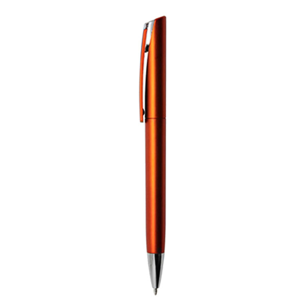 A metallic pen in a vibrant orange hue with a silver clip and tip, featuring a logo on the barrel.