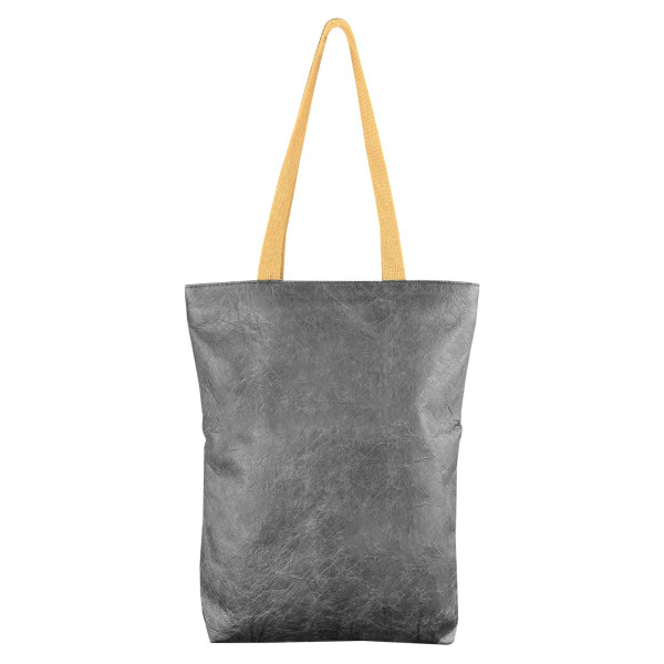 A grey Tyvek paper tote bag with yellow straps and a logo on the front.