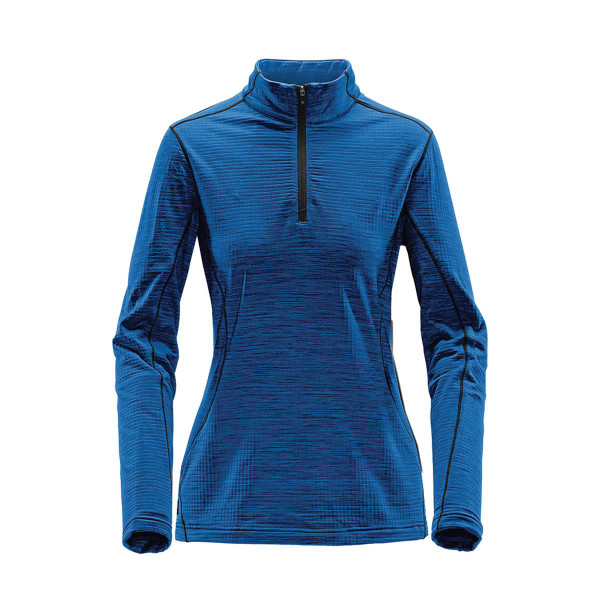 A blue women's base thermal 1/4 zip jumper with long sleeves and a zip at the collar, featuring a logo.