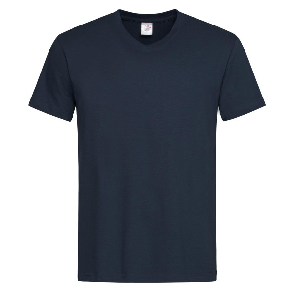 A navy blue men's classic V-neck T-shirt with short sleeves. The shirt features a label and has a simple design.