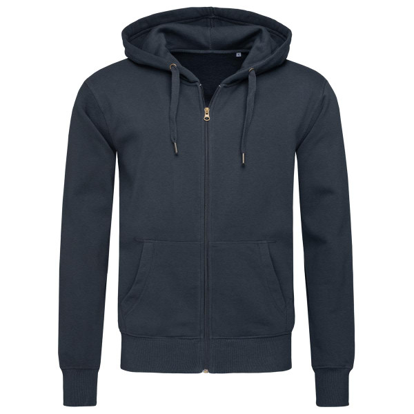 A men's active sweatjacket in dark grey with a zip front and hood, featuring a logo on the chest.