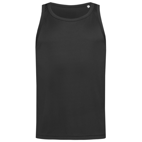 A black men's active sports top without sleeves, featuring a simple design and a logo on the upper side.