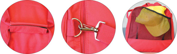 A red duffle bag featuring a zipper, clip, and mesh pocket. It contains a yellow cap inside.