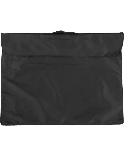 A black satchel featuring a simple design with a flap closure and a handle. It has a logo on one side.