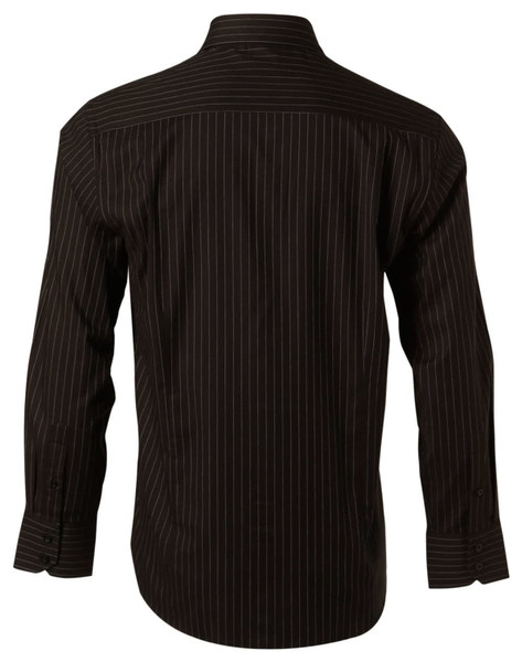 A black long sleeve button-up shirt with thin white stripes and a collar, featuring a logo on the back.