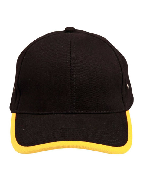 A blue cap with a yellow trim and eyelets, featuring a curved peak and an adjustable strap at the back.