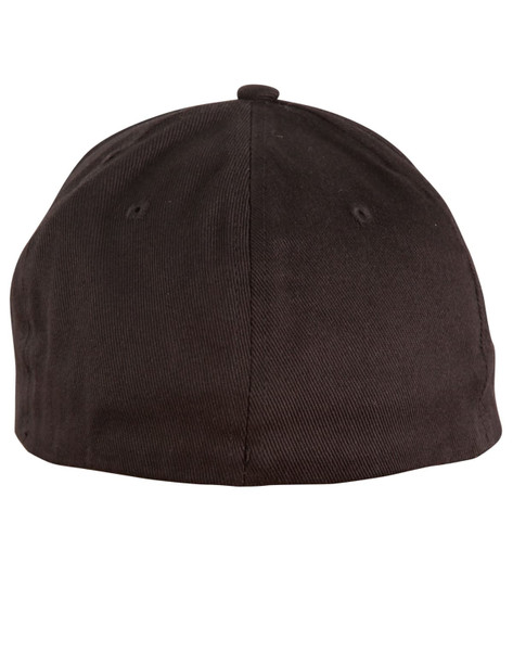 A black cotton fitted cap with a rounded crown and a small button at the top, featuring no visible branding.