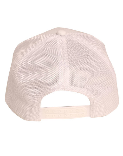 A white cap with mesh detailing at the back, featuring an adjustable strap and a logo on the side.