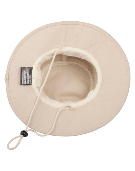 A cream-coloured brim hat with a chin strap and inner lining, featuring a logo inside.