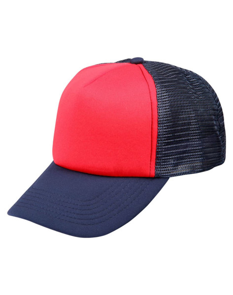 A red and navy trucker cap featuring a structured front and mesh backing, with a curved brim and a logo.