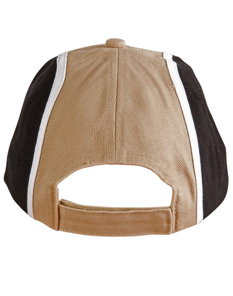 A tri-colour baseball cap featuring black, tan, and white panels with an adjustable strap at the back.