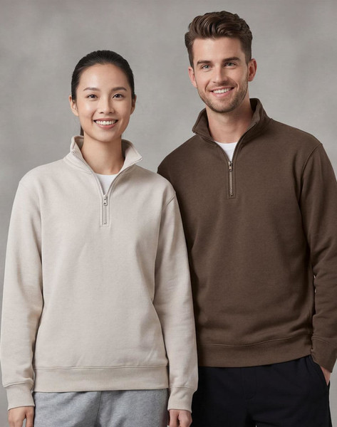 A navy 1/2 zip collar fleecy jumper featuring a front pocket and a logo on the chest.