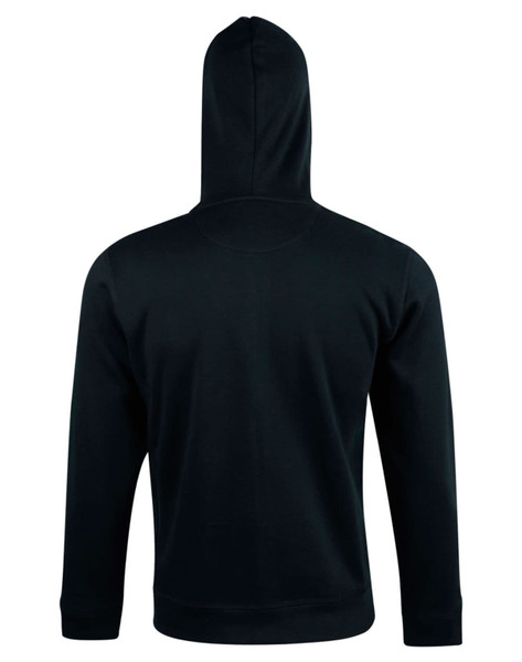A black men's full zip contrast fleece hoodie with a hood, featuring a logo on the back.