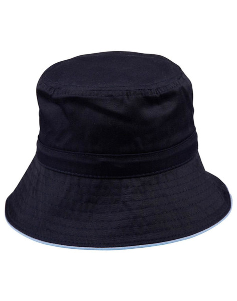 A black bucket hat with a wide brim, featuring a toggle adjustment and a decorative trim along the edge.