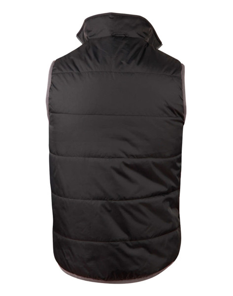 A black, sleeveless vest featuring a puffy design and high collar, with a logo on the back.