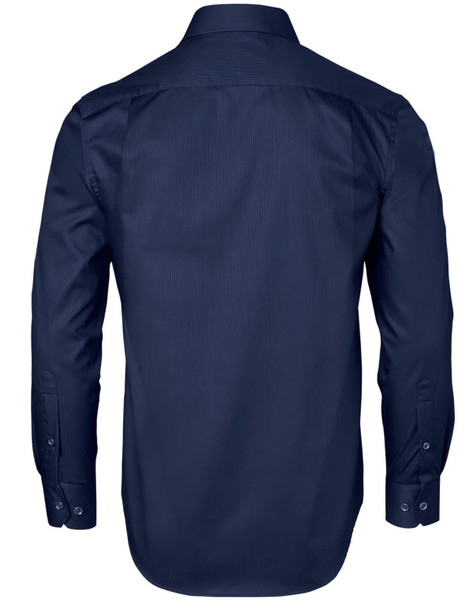 A navy blue men's button-up shirt featuring a dobby striped pattern and long sleeves. It has a branding logo.