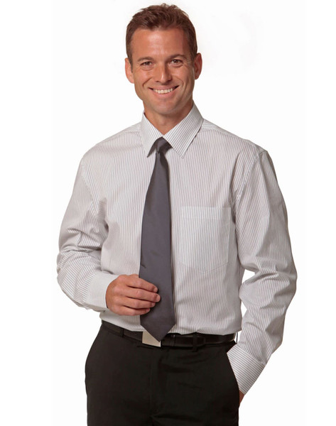 A men's long-sleeve button-up shirt in white with grey ticking stripes, worn with a grey tie. Features a pocket and a logo.