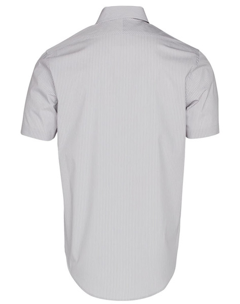A men's short-sleeve button-up shirt in light grey with a subtle ticking stripe pattern and collar.
