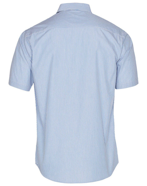 A blue and white striped men's short sleeve button-up shirt with a back view. Features a collar and a branding logo.