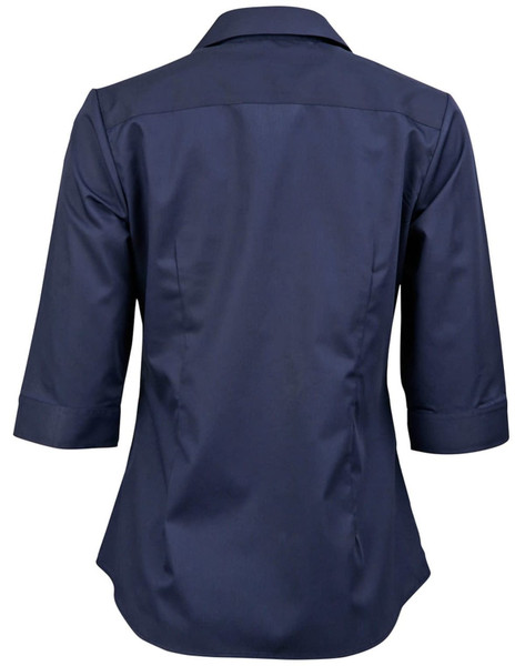A navy blue 3/4 sleeve button-up shirt with a dobby stripe pattern and a logo.