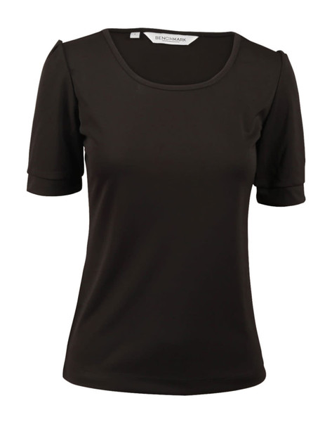 A women's black scoop neck T-shirt with short sleeves and a slight gathering at the sleeves. It features a logo.