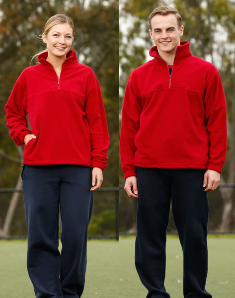 A red unisex polar fleece jumper with a half-zip collar, displayed on both a male and female model.