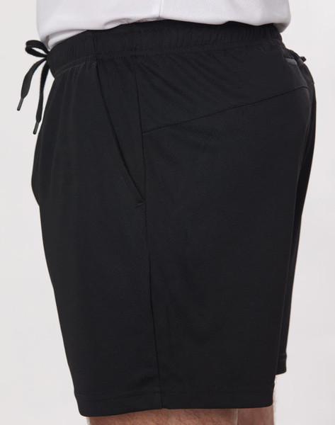 Black bamboo charcoal sports shorts featuring an elastic waistband and side pockets. Includes a logo on the fabric.