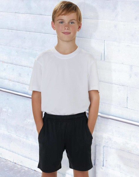 Kids' bamboo charcoal sports shorts in black, styled with a plain white t-shirt, featuring pockets.