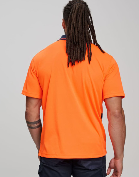 A back view of an orange short-sleeve polo shirt, featuring a logo and designed for workwear.