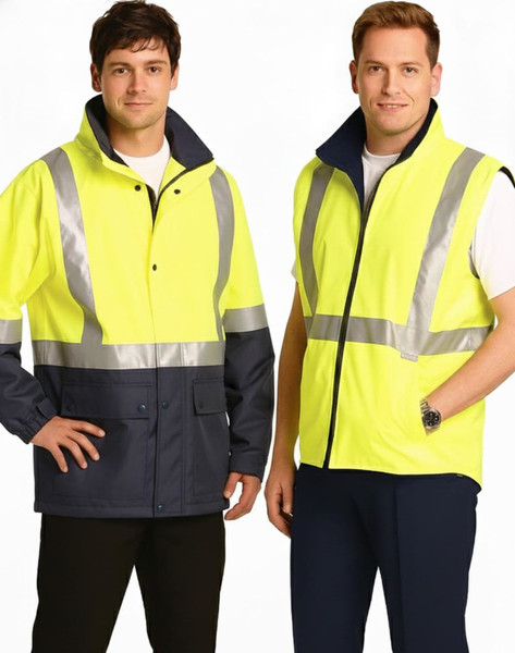 Hi-Vis three-in-one safety jacket in yellow and navy, featuring reflective 3M tapes, worn by two male models.