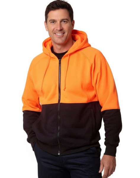 A man wears a Hi-Vis two-tone fleecy hoodie in bright orange and black, featuring a zip and a hood.