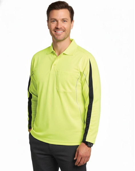 A men's long-sleeve high-visibility polo shirt in bright yellow with black accents and a logo.