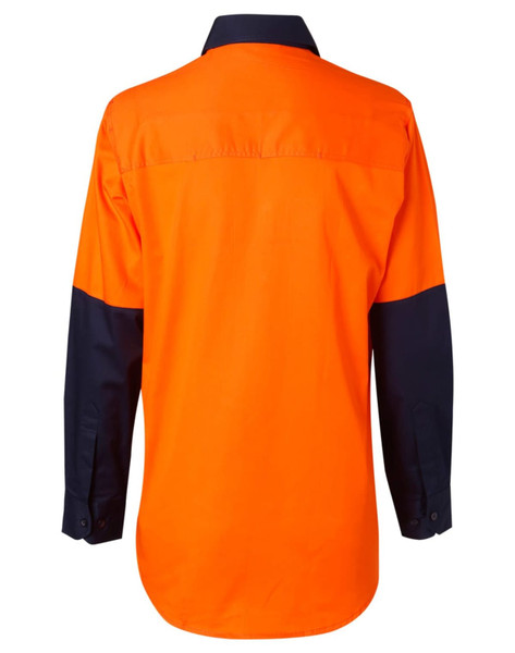 An orange and navy long-sleeve safety shirt featuring a collar and buttoned cuffs, with a logo on the front.