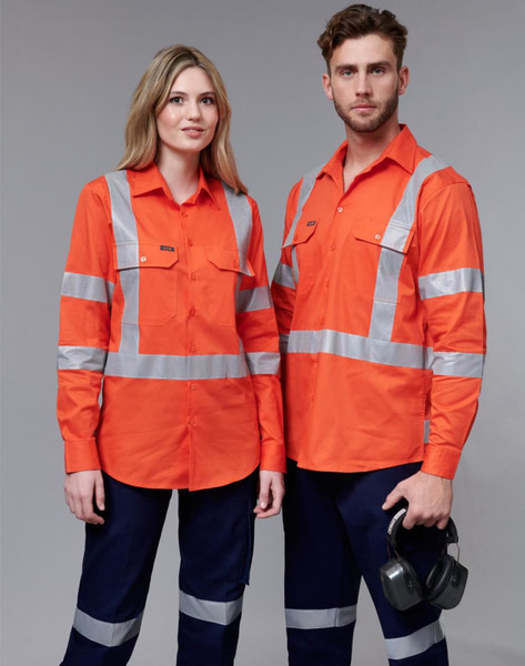 Two models wearing bright orange work shirts with reflective strips, paired with navy blue pants. The shirts feature a logo.