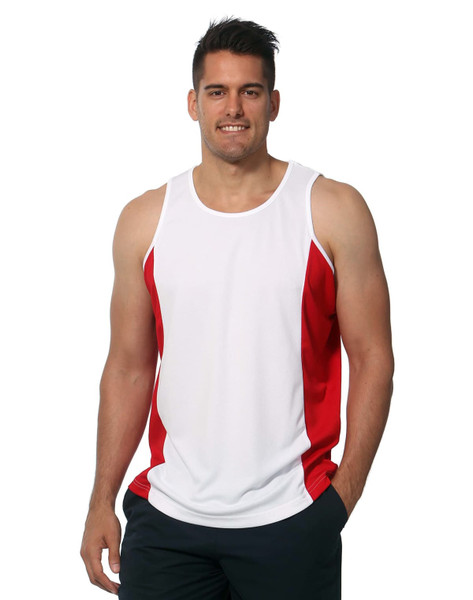 Men's singlet featuring white fabric with red contrast panels and a logo. Designed with a blend of style and comfort.