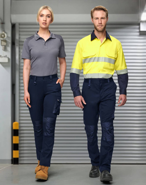 Unisex utility stretch cargo work pants in navy, featured on a model paired with a grey polo and another with a high-visibility shirt.