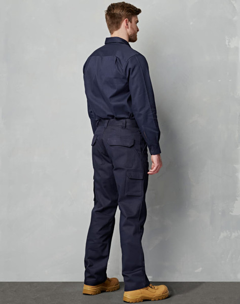 A pair of navy drill pants with cargo pockets on the legs, designed for a stout fit.