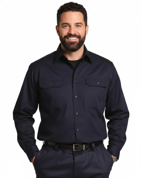 A man wearing a navy long-sleeve cotton work shirt with two front pockets and a button-down collar.