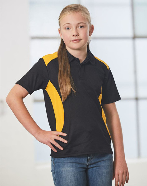 A black and yellow polo shirt featuring a branding logo, worn by a girl with long hair and standing confidently.