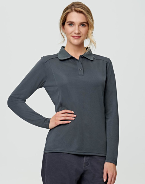 A long-sleeved polo shirt in dark grey, featuring a collar and button detail, with a logo on the chest.