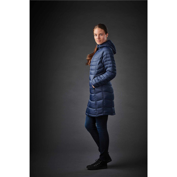 A long navy blue parka jacket with a hood, featuring a quilted design and a sleek silhouette.