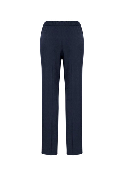 A pair of navy blue women's ultra comfort waist pants with an elastic waistband, featuring a simple design and no embellishments.
